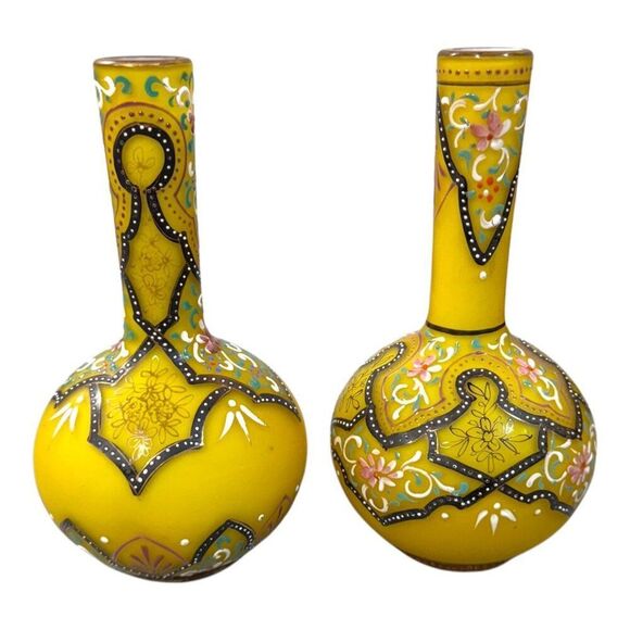 Antique Webb Moroccan Yellow Glass Vase Set Hand-Painted Floral Glows Orange - Picture 2 of 13